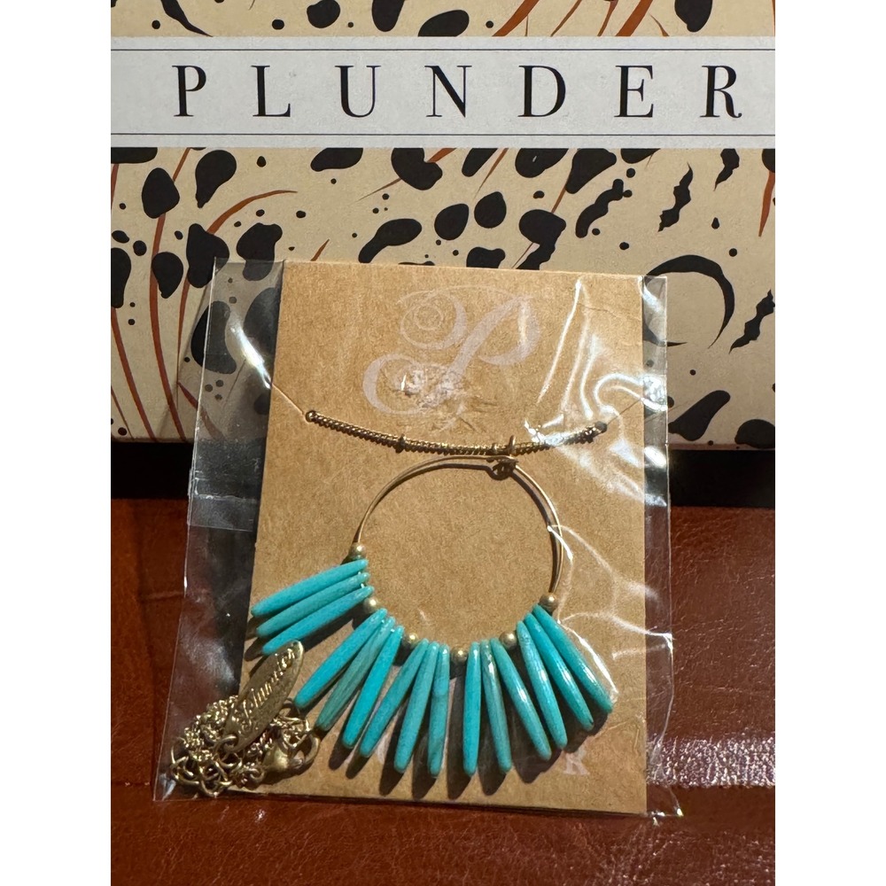 Plunder Design Turquoise Spike Hoop Necklace Gold Tone Boho Statement Jewelry